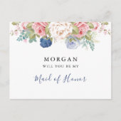 Navy Blink Pink Floral werden Sie meine Bridesmaid Postkarte (Vorderseite)