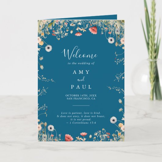 Navy Blissful Boho Wildblume geklappt Hochzeit Programm (Vorderseite)