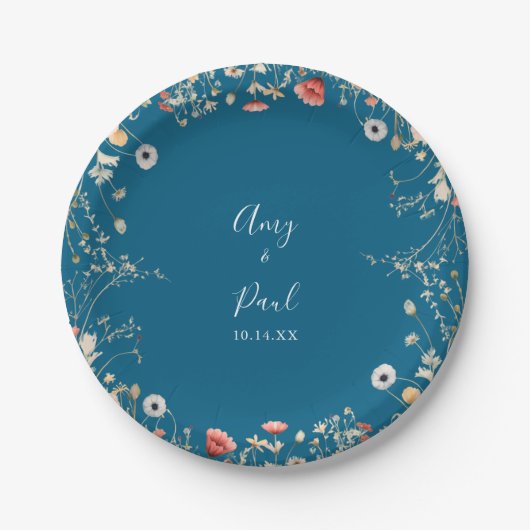 Navy Blissful Boho Wildblume Hochzeitstorte Pappteller (Vorderseite)