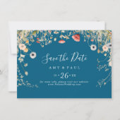 Navy Blissful Boho Wildblume Horizontal Wedding Save The Date (Vorderseite)