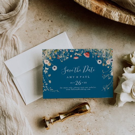 Navy Blissful Boho Wildblume Horizontal Wedding Save The Date