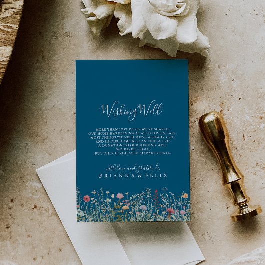 Navy Blissful Boho Wildflower Wedding Wishing Well Begleitkarte