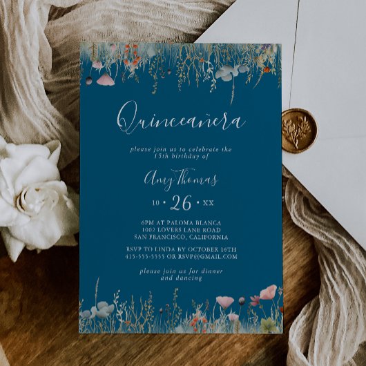 Navy Blissful Colorful Boho Wildflower Quinceañera Einladung
