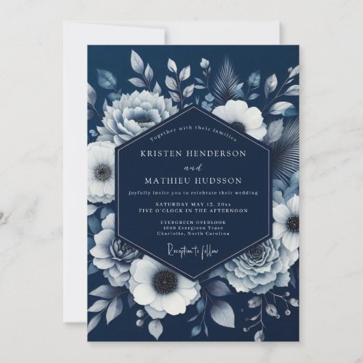 Navy Bloom Romance Wedding Einladung (Vorderseite)