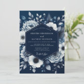 Navy Bloom Romance Wedding Einladung (Stehend Vorderseite)