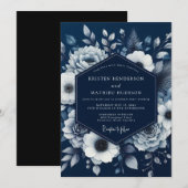Navy Bloom Romance Wedding Einladung (Vorne/Hinten)