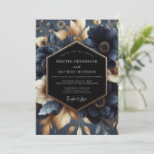Navy Bloom Wedding Einladung (Stehend Vorderseite)