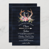 Navy Blooming Antlers Country Chic Hochzeit Einladung (Vorne/Hinten)
