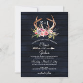 Navy Blooming Antlers Country Chic Hochzeit Einladung (Vorderseite)