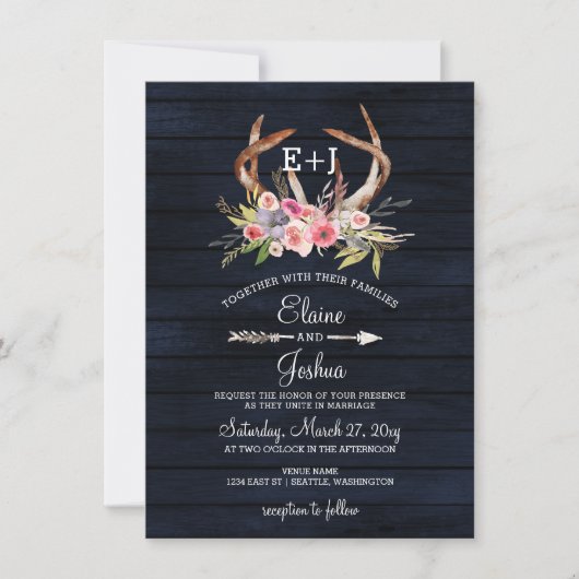 Navy Blooming Antlers Country Chic Hochzeit Einladung (Vorderseite)