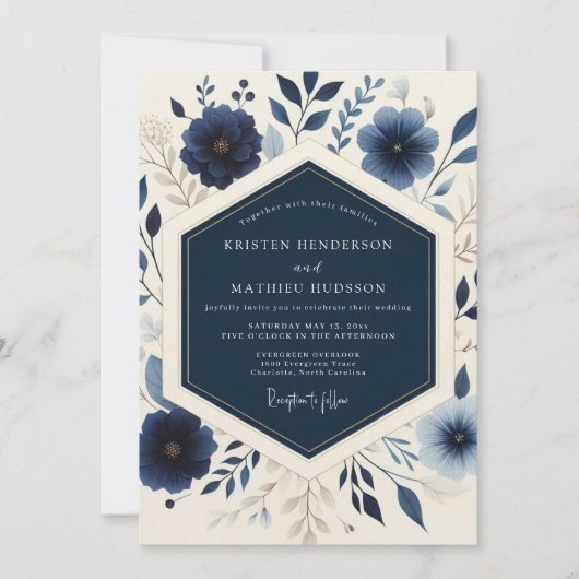 Navy Blooming Botanical Wedding Einladung (Vorderseite)