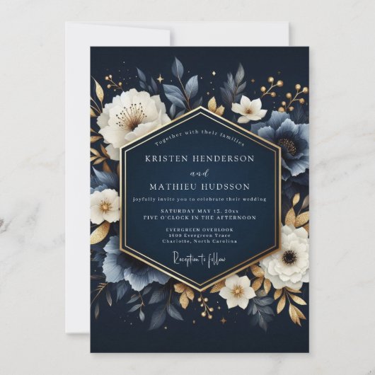 Navy Blooming Enchantment Wedding Einladung (Vorderseite)