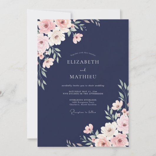 Navy Blossom Romantik-Hochzeit Einladung (Vorderseite)
