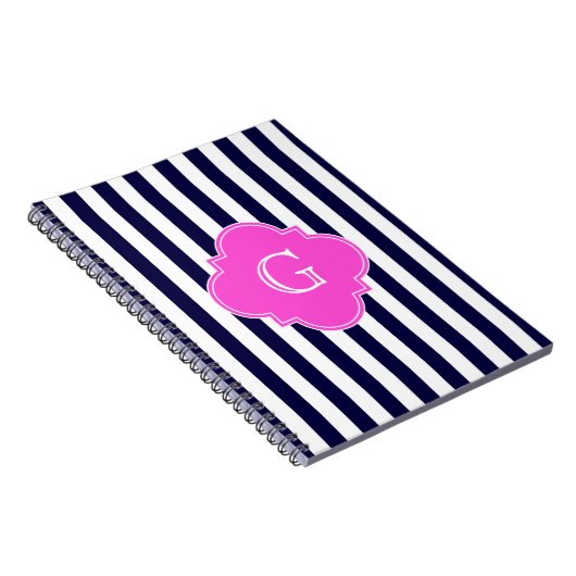 Navy Blu White Strip Hot Pink Quarz Monogramm Notizblock (Rechte Seite)