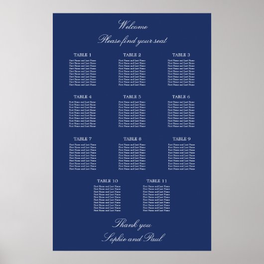 Navy Blue 11 Table Wedding Seating Chart Poster (Vorne)