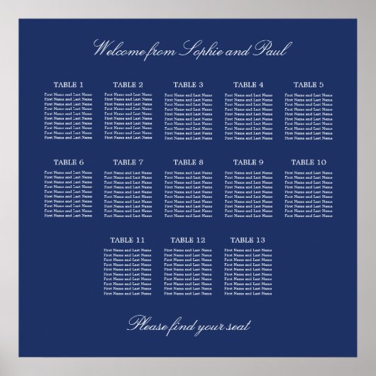 Navy Blue 13 Table Wedding Seating Chart Poster (Vorne)