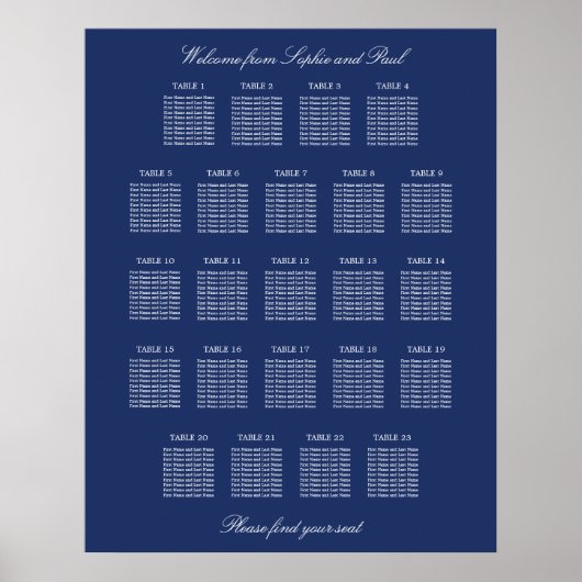 Navy Blue 23 Table Wedding Seating Chart Poster (Vorne)