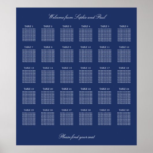 Navy Blue 30 Table Wedding Seating Chart Poster (Vorne)