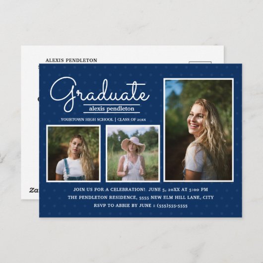 Navy Blue 3-Foto Graduation Party Postkarte (Vorne/Hinten)
