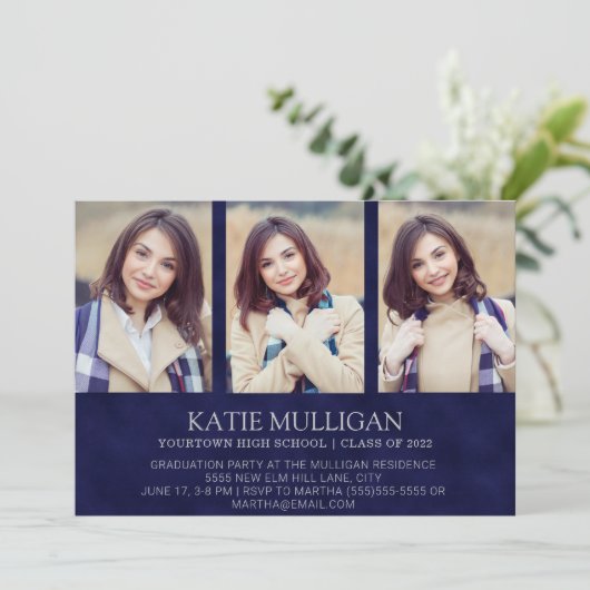 Navy Blue 4 Foto Abschluss Einladung (Stehend Vorderseite)