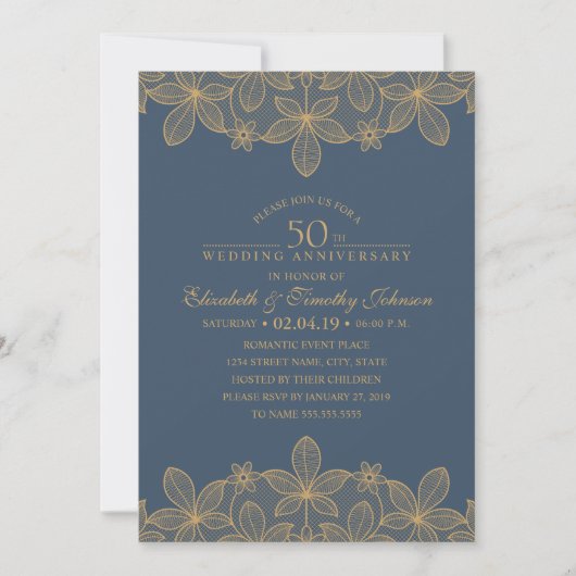 Navy Blue 50. Hochzeitstag Goldene Spitze Einladung (Vorderseite)