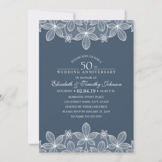 Navy Blue 50th Wedding Anniversary Elegant Lace Einladung (Vorderseite)