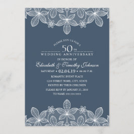 Navy Blue 50th Wedding Anniversary Elegant Lace Einladung