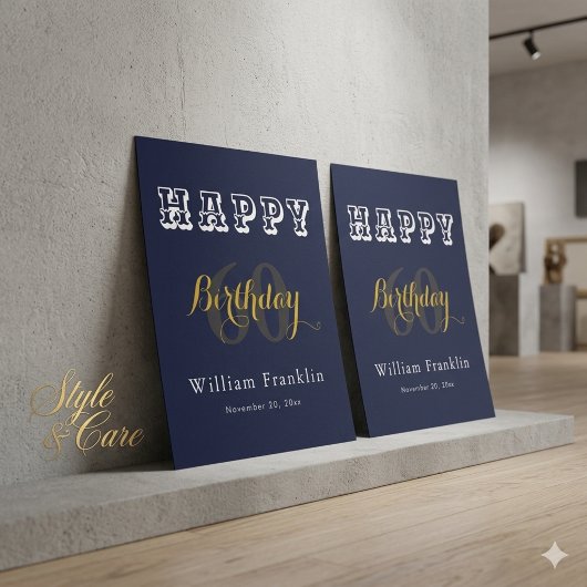 Navy Blue 60th Birthday Party Celebration Glossy Poster