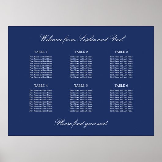 Navy Blue 6 Table Wedding Chart Poster (Vorne)