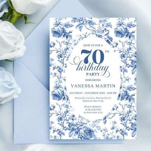 Navy Blue 70th Birthday Classic Floral Invitation Einladung