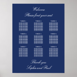 Navy Blue 9 Table Wedding Chart Poster