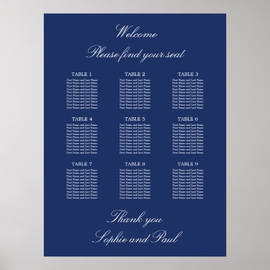 Navy Blue 9 Table Wedding Chart Poster (Vorne)