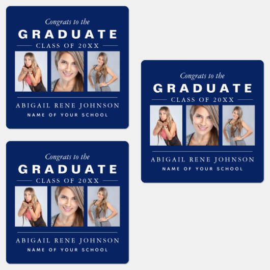 Navy Blue Abschluss Foto Collage Custom Etiketten (Gruppe)