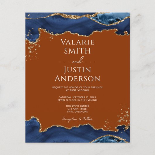 Navy Blue Agate Burnt Orange Wedding Einladung (Vorderseite)