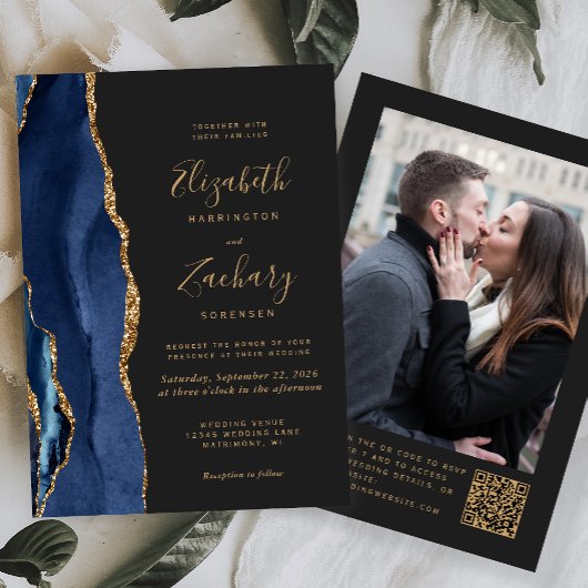Navy Blue Agate Dark Foto QR Code Hochzeit Einladung