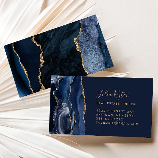 Navy Blue Agate Geode Gold Glitzer Real Anwesen Visitenkarte