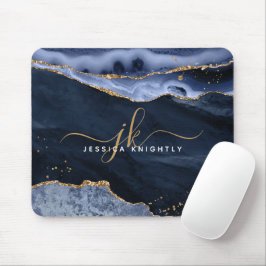 Navy Blue Agate Geode Gold Glitzer Script Monogram Mousepad