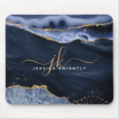 Navy Blue Agate Geode Gold Glitzer Script Monogram Mousepad (Vorne)