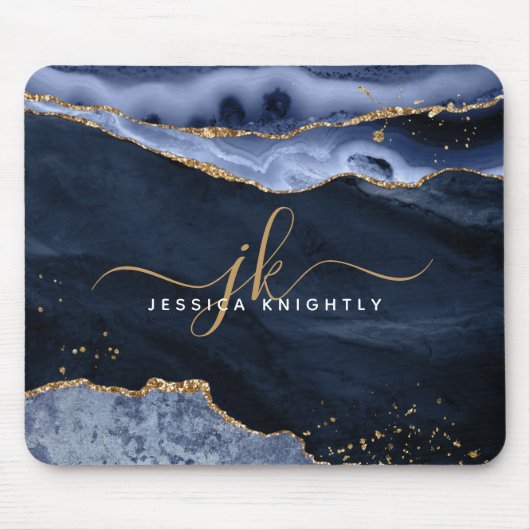 Navy Blue Agate Geode Gold Glitzer Script Monogram Mousepad (Vorne)