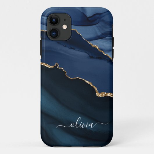 Navy Blue Agate Geode Gold Monogram Case-Mate iPhone Hülle (Rückseite)