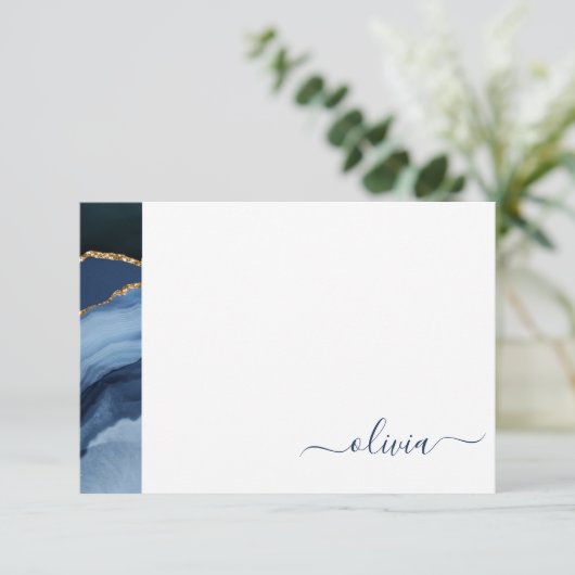 Navy Blue Agate Geode Gold Monogram Dankeskarte (Stehend Vorderseite)