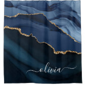 Navy Blue Agate Geode Gold Monogram Duschvorhang (Vorderseite)