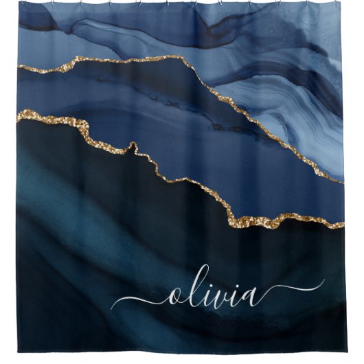 Navy Blue Agate Geode Gold Monogram Duschvorhang (Vorderseite)