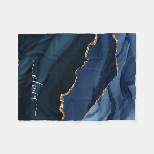Navy Blue Agate Geode Gold Monogram Fleecedecke (Vorderseite (Horizontal))