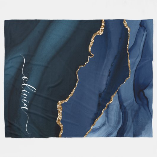 Navy Blue Agate Geode Gold Monogram Fleecedecke (Vorderseite (Horizontal))