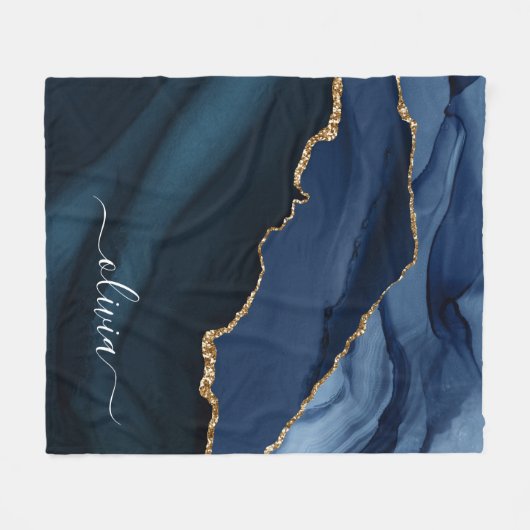 Navy Blue Agate Geode Gold Monogram Fleecedecke (Vorderseite (Horizontal))