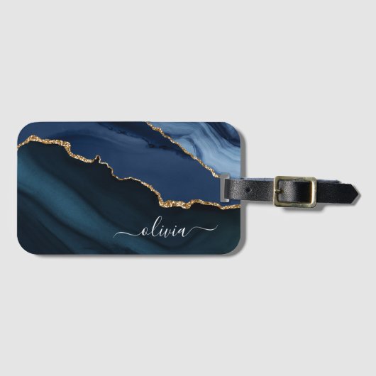 Navy Blue Agate Geode Gold Monogram Gepäckanhänger (Vorderseite (Horizontal))