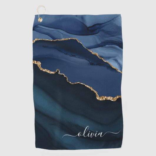 Navy Blue Agate Geode Gold Monogram Golfhandtuch (Vorderseite)