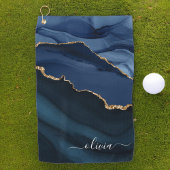 Navy Blue Agate Geode Gold Monogram Golfhandtuch