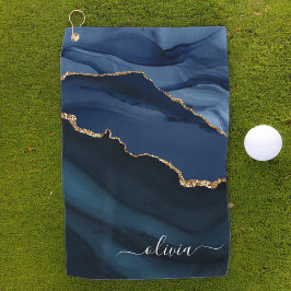 Navy Blue Agate Geode Gold Monogram Golfhandtuch